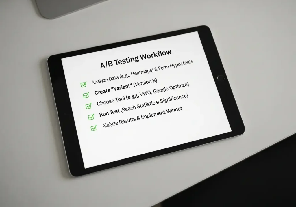 تست A/B در طراحی: چگونه دکمههای CTA را برای حداکثر Conversion بهینه کنیم؟ 3 چک لیست ورکفلو گام به گام تست A/B (از فرضیه تا اجرا)