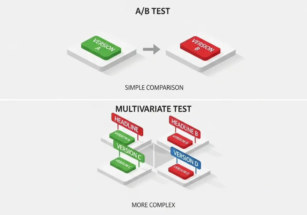 تست A/B در طراحی: چگونه دکمههای CTA را برای حداکثر Conversion بهینه کنیم؟ 2 اینفوگرافیک مقایسه تست A/B و تست Multivariate