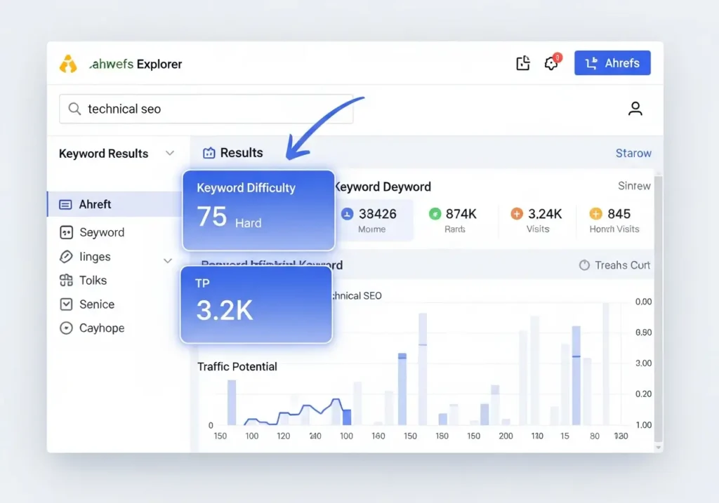 رابط کاربری Ahrefs Keywords Explorer و تحلیل سختی کلمه کلیدی (KD)