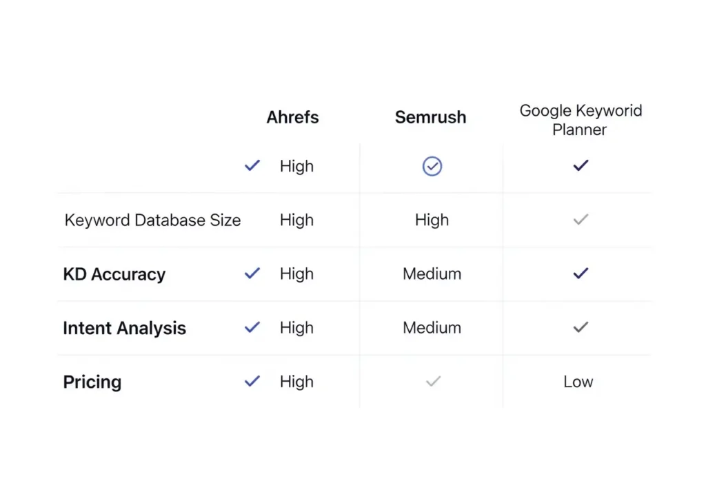 ابزارهای تحقیق کلمات کلیدی (مقایسه Google Keyword Planner، Ahrefs و Semrush) 2 جدول مقایسه امکانات ابزارهای تحقیق کلمات کلیدی Ahrefs, Semrush, Google Planner