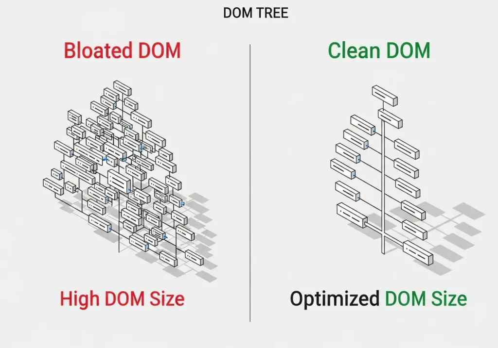 اینفوگرافیک مقایسه DOM Size در کدنویسی تمیز در مقابل کد آشفته (Bloated)