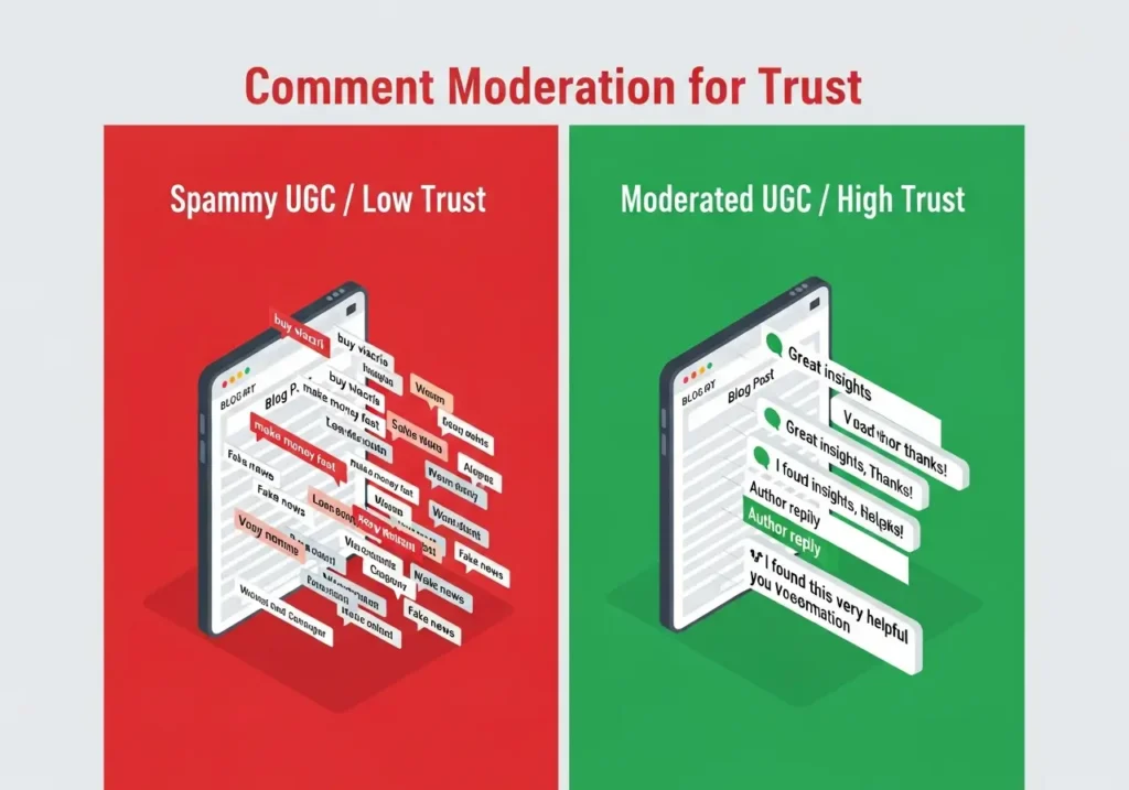 اینفوگرافیک مدیریت نظرات کاربران (اسپم در مقابل کامنت باکیفیت) برای E-E-A-T