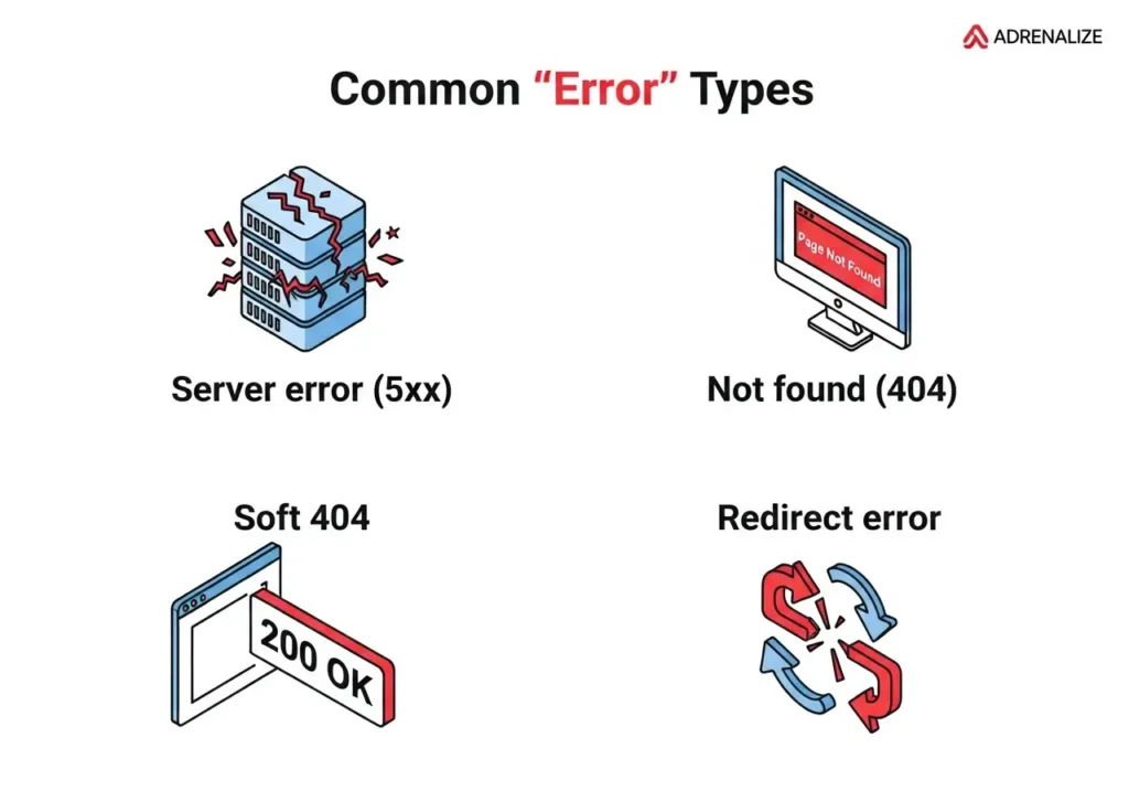 اینفوگرافیک خطاهای Coverage رایج (404, 5xx, Soft 404)