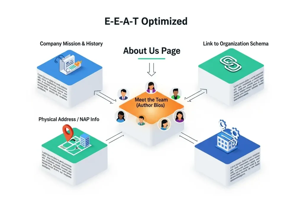 بهبود صفحه «درباره ما» و «تماس با ما» برای جلب اعتماد (Trustworthiness) 2 اینفوگرافیک آناتومی صفحه درباره ما بهینه شده برای E-E-A-T (معرفی تیم)