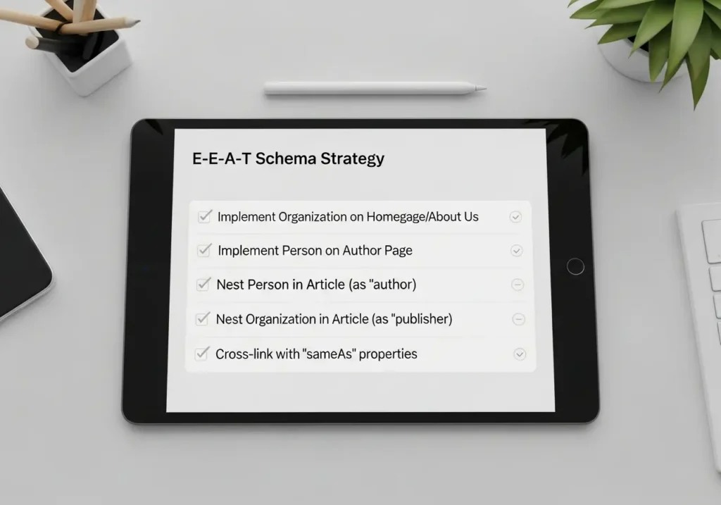 چک لیست استراتژی پیاده سازی اسکیما E-E-A-T (اتصال Article, Person, Organization)