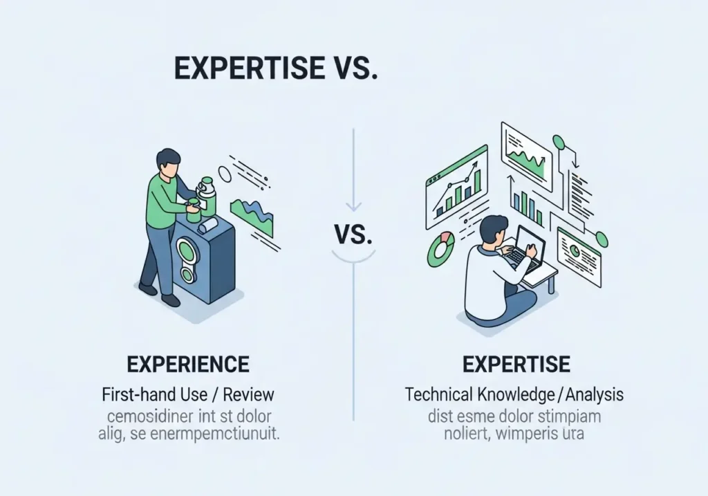 اینفوگرافیک مقایسه تفاوت Expertise (دانش فنی) و Experience (تجربه دست اول) در E-E-A-T
