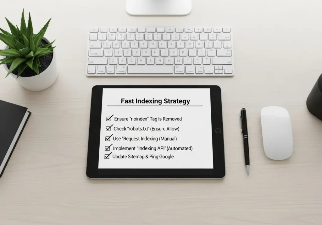 روشهای پیشرفته ایندکس سریع صفحات جدید در گوگل (API و ابزارهای حرفهای) 3 چک لیست استراتژی گام به گام ایندکس سریع صفحات