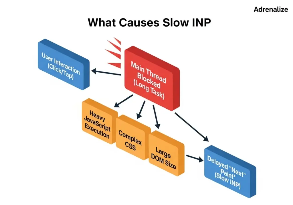 فلوچارت دلایل کندی INP (مانند Long Tasks و جاوا اسکریپت سنگین)