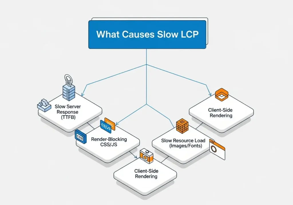 فلوچارت عوامل موثر بر کندی LCP (مانند TTFB و Render-blocking)