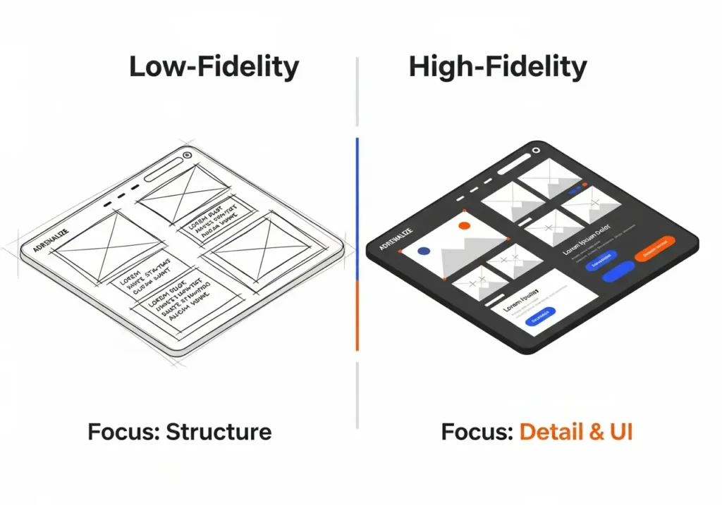 اینفوگرافیک مقایسه وایرفریم Low-Fidelity و High-Fidelity
