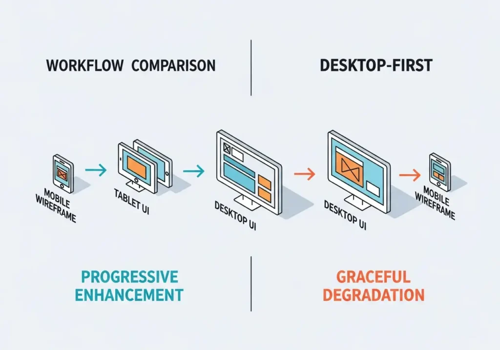 اینفوگرافیک مقایسه ورک‌فلو طراحی Mobile-First و Desktop-First