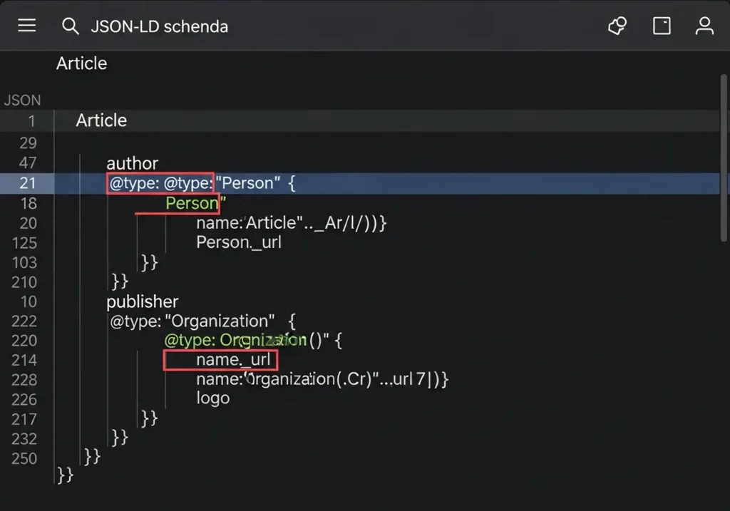 نمونه کد JSON-LD تودرتو (Nested) برای اتصال اسکیما Person و Organization در Article