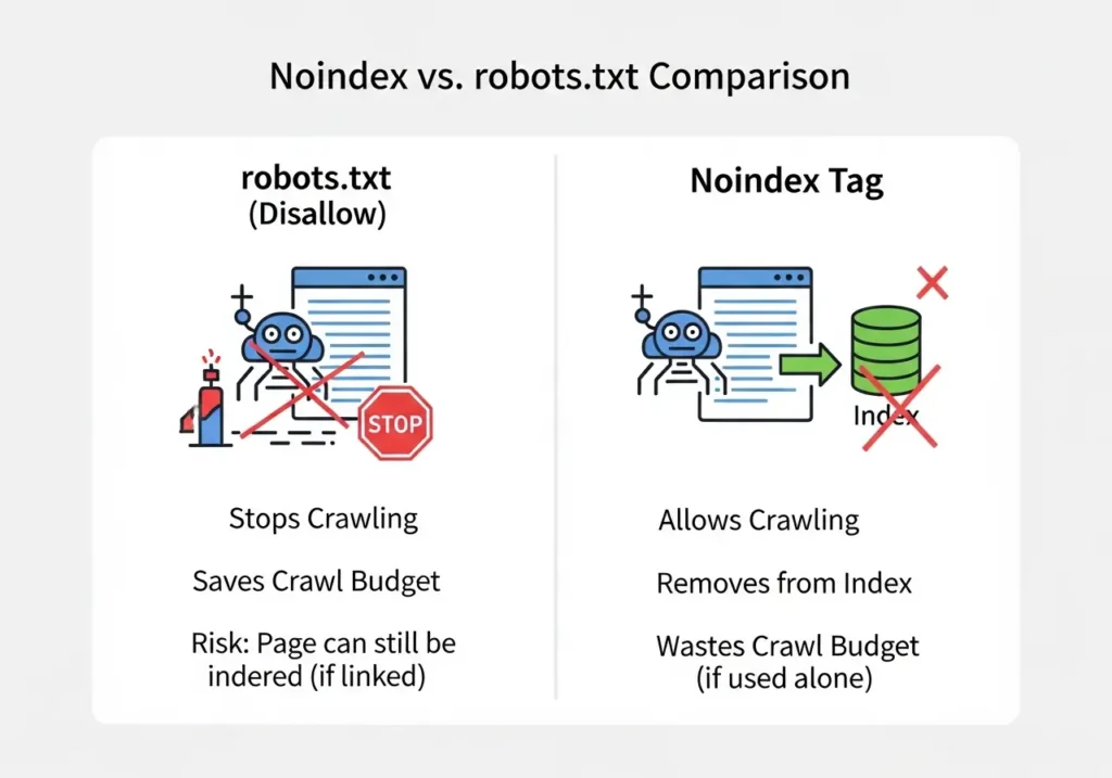چگونگی استفاده استراتژیک از تگ noindex برای مدیریت ایندکس سایت 2 اینفوگرافیک مقایسه تگ noindex (عدم ایندکس) و robots.txt (عدم خزش)