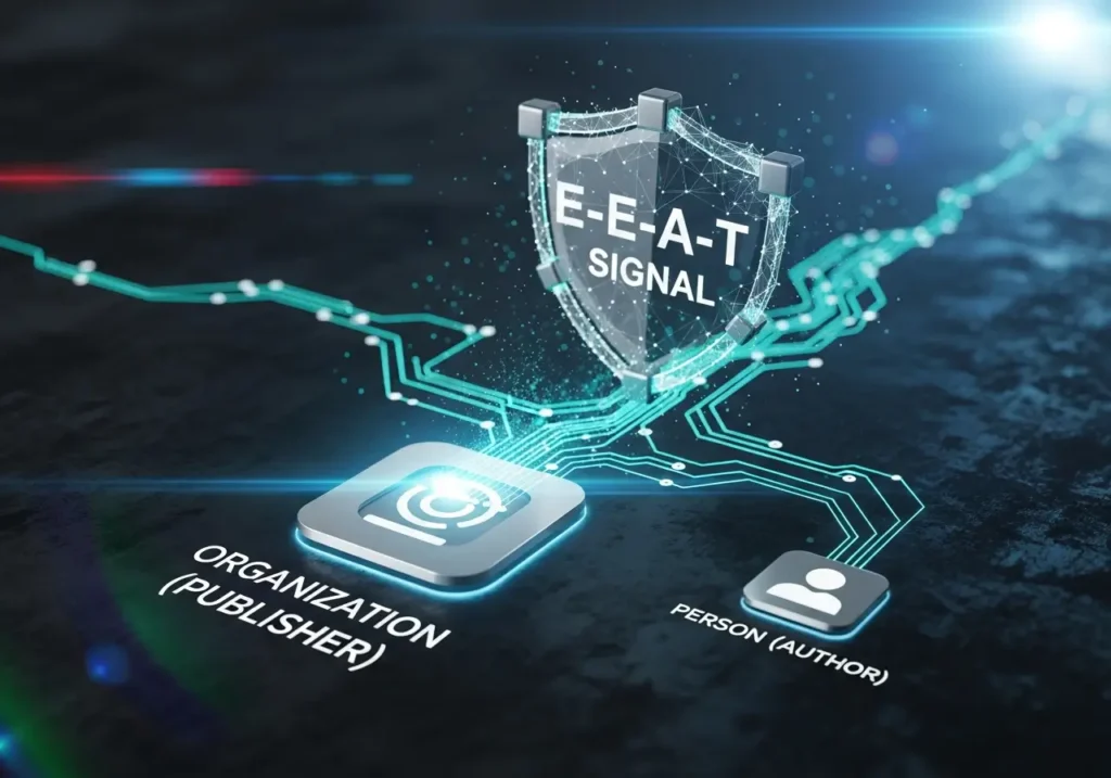 مفهوم اتصال اسکیما Person (نویسنده) و Organization (ناشر) برای E-E-A-T