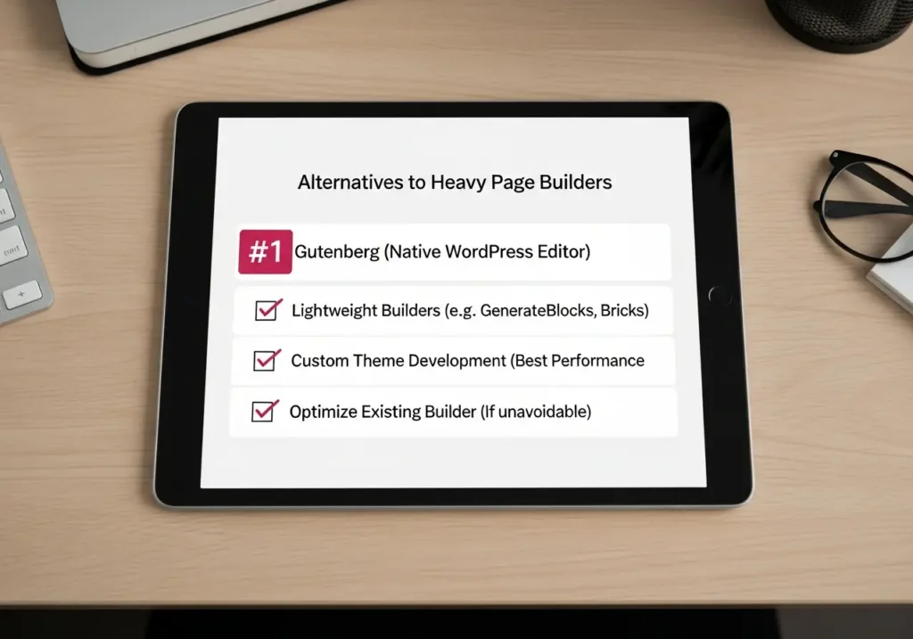 چرا نباید از Page Builder های سنگین (مانند المنتور) برای سایتهای شرکتی استفاده کرد؟ 3 چک لیست جایگزین های پیج بیلدرهای سنگین (Gutenberg، کد سفارشی)
