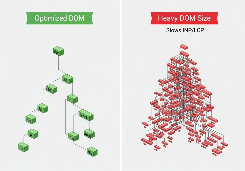 چرا نباید از Page Builder های سنگین (مانند المنتور) برای سایتهای شرکتی استفاده کرد؟ 2 اینفوگرافیک مقایسه DOM Size سنگین پیج بیلدر در مقابل کد تمیز