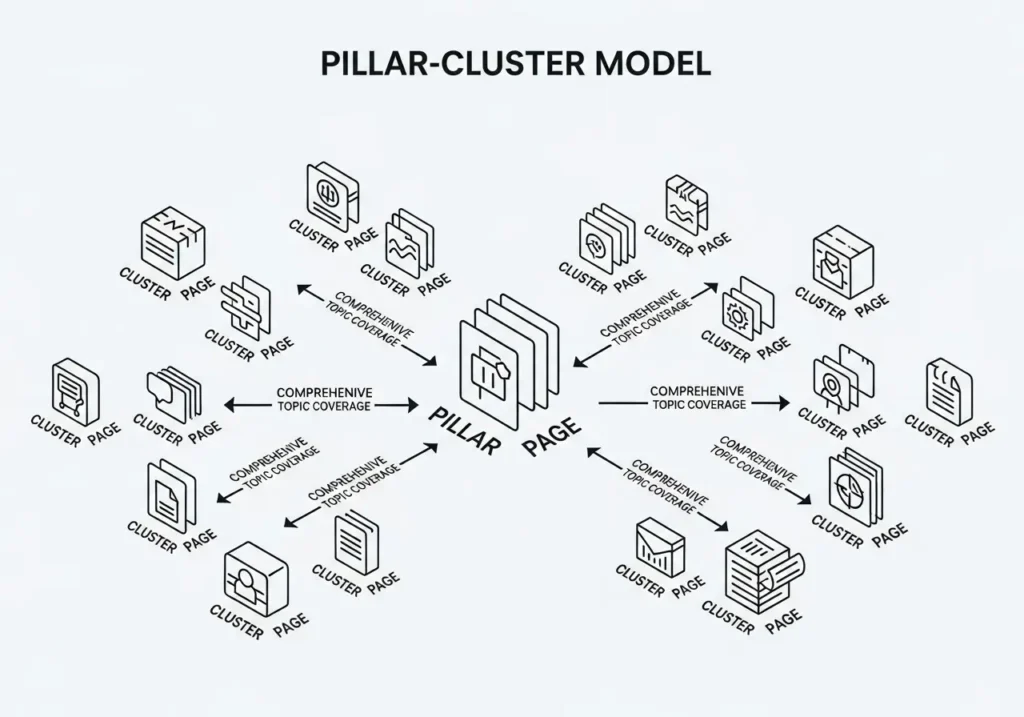 چگونه اعتبار موضوعی (Topical Authority) بسازیم و از رقبا سبقت بگیریم؟ 2 اینفوگرافیک مدل Pillar-Cluster برای ساخت مرجعیت موضوعی