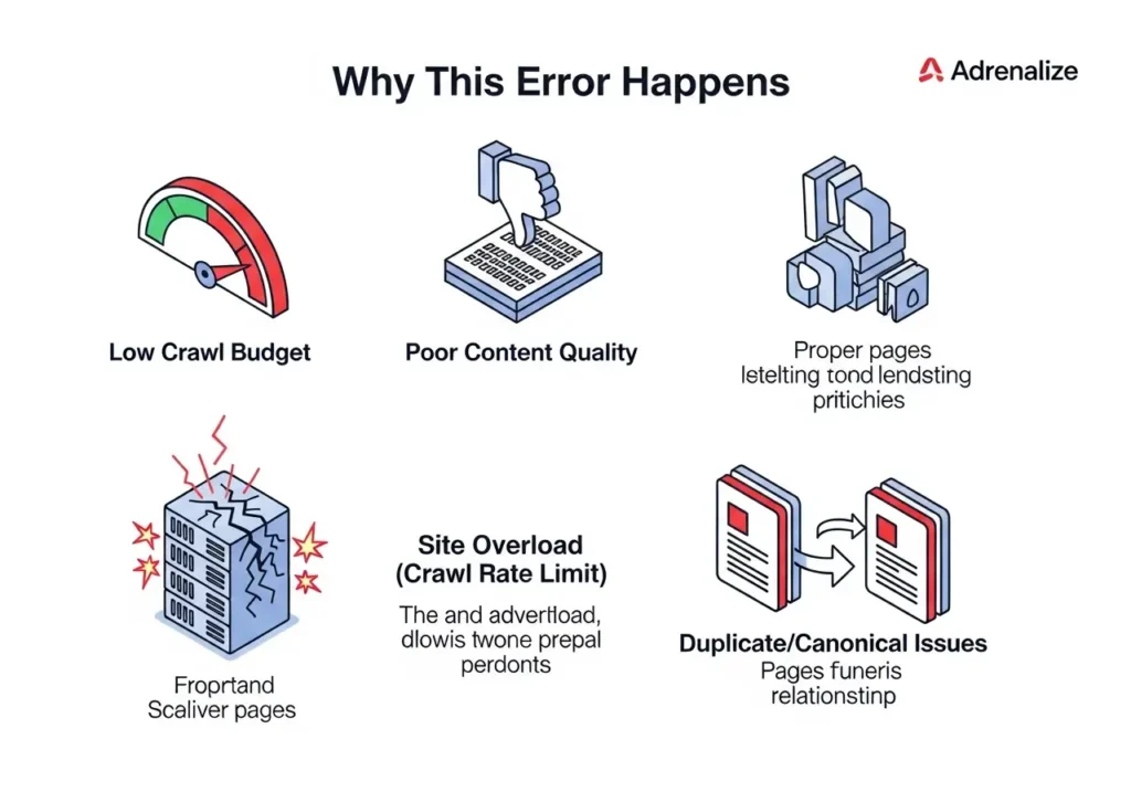 اینفوگرافیک دلایل خطای Discovered - currently not indexed (بودجه خزش، کیفیت پایین)