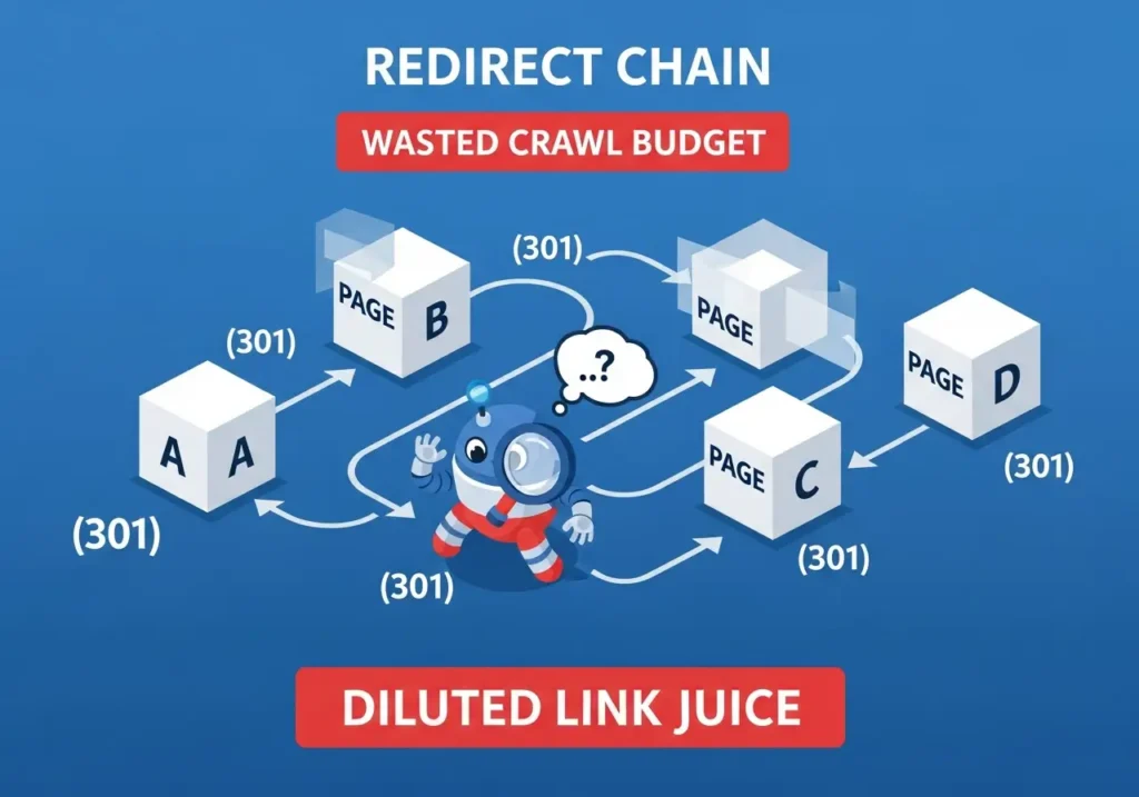 اهمیت Redirect 301 و Redirect Chain در حفظ اعتبار سئویی (Link Equity) 2 اینفوگرافیک زنجیره ریدایرکت (Redirect Chain) و هدررفت بودجه خزش