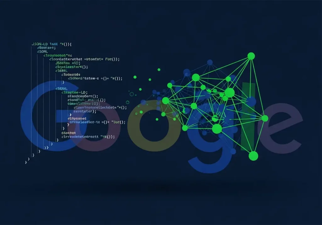 گرافیک انتزاعی از کدهای JSON-LD اسکیما به شکل نمودار دانش گوگل
