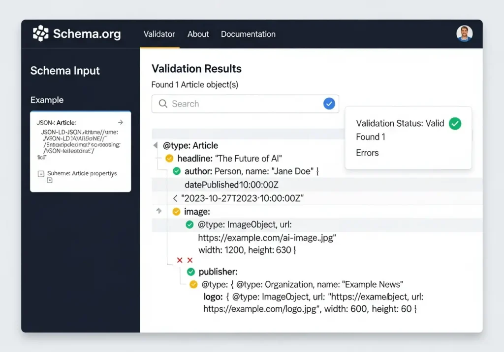 رابط کاربری ابزار Schema.org Validator برای اعتبارسنجی اسکیما