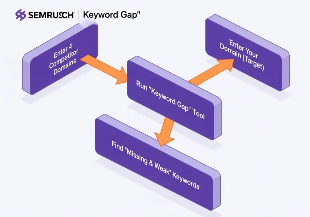 فرآیند گام به گام تحلیل شکاف کلمات کلیدی (Keyword Gap) با Semrush
