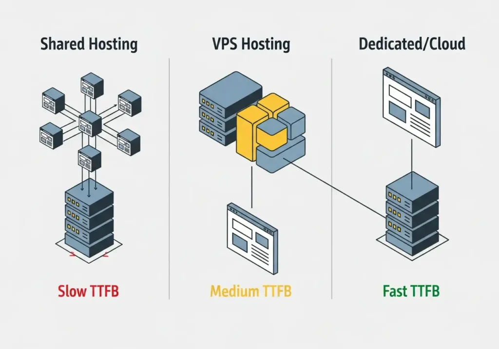 تاثیر هاست و سرور بر امتیاز Core Web Vitals (انتخاب سرور مناسب) 2 اینفوگرافیک مقایسه هاست اشتراکی، VPS و اختصاصی بر TTFB
