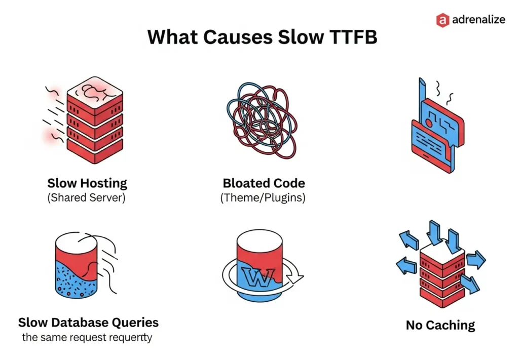 اینفوگرافیک عوامل موثر بر کندی TTFB (هاست، کد، دیتابیس، کش)