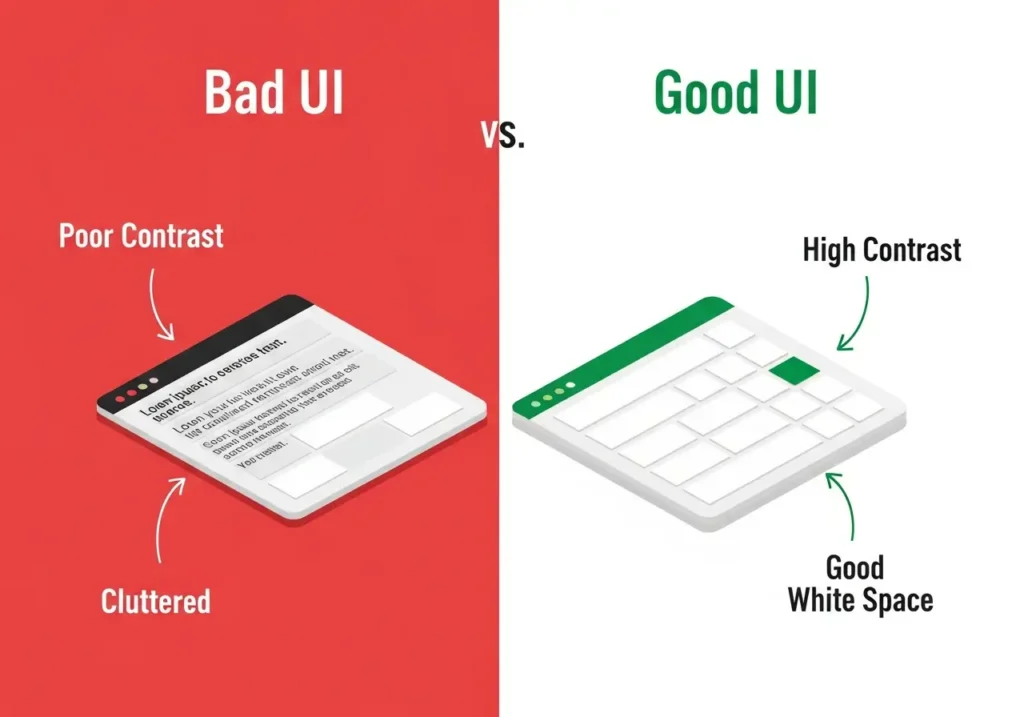 اینفوگرافیک مقایسه UI خوب و بد (کنتراست و فضای خالی)