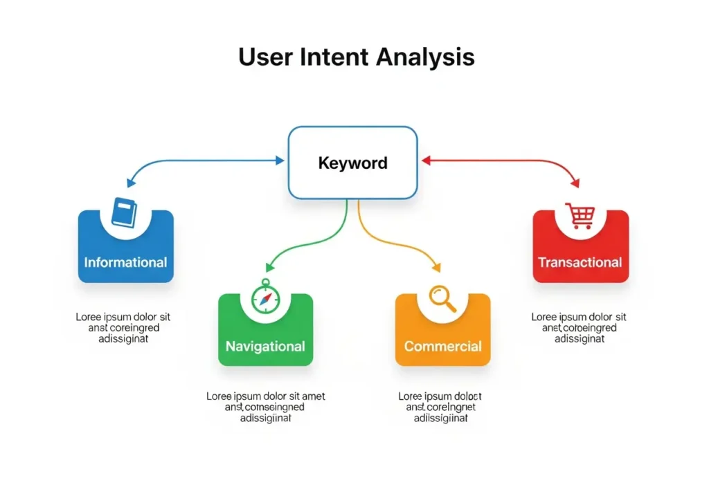 فلوچارت تحلیل انواع قصد کاربر در تحقیق کلمات کلیدی