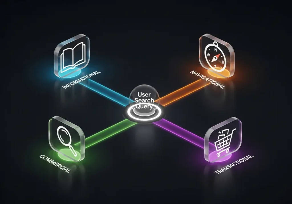 انواع قصد کاربر در تحقیق کلمات کلیدی (Informational, Navigational, Commercial, Transactional)