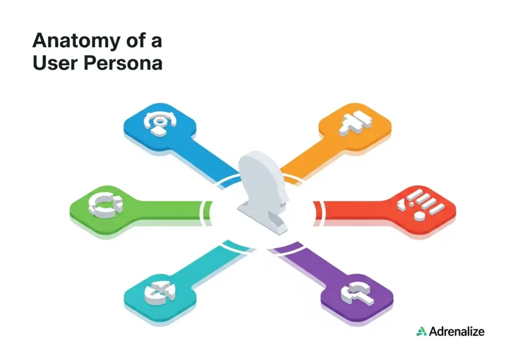 اینفوگرافیک آناتومی و اجزای یک پرسونای کاربر (اهداف و نقاط درد)