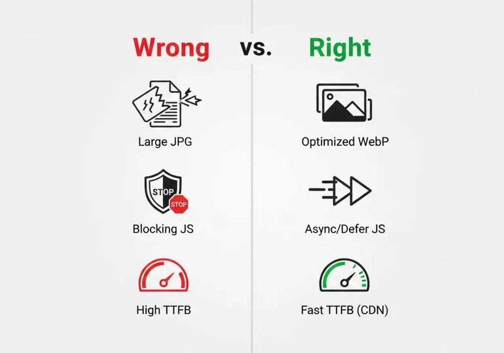 اینفوگرافیک مقایسه روش درست و اشتباه بهینه سازی سرعت سایت
