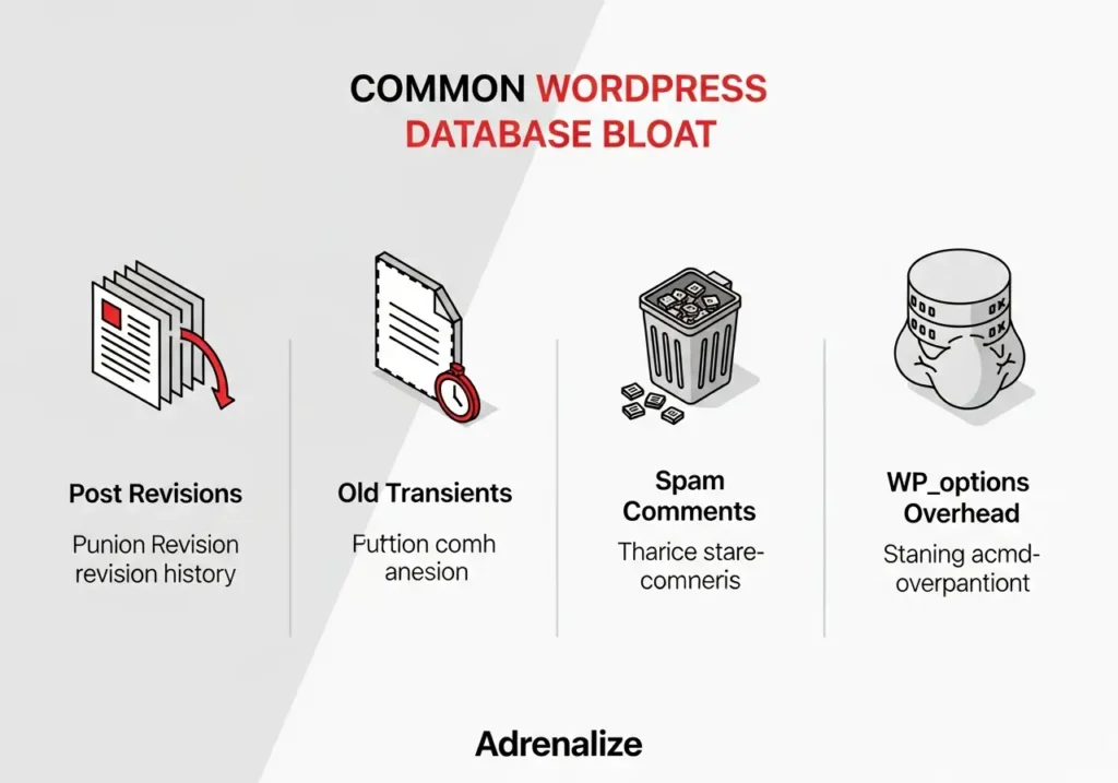 راهنمای کامل بهینهسازی دیتابیس وردپرس (برای سرعت و عملکرد) 2 اینفوگرافیک عوامل سربار دیتابیس وردپرس (مانند Revisions و Transients)