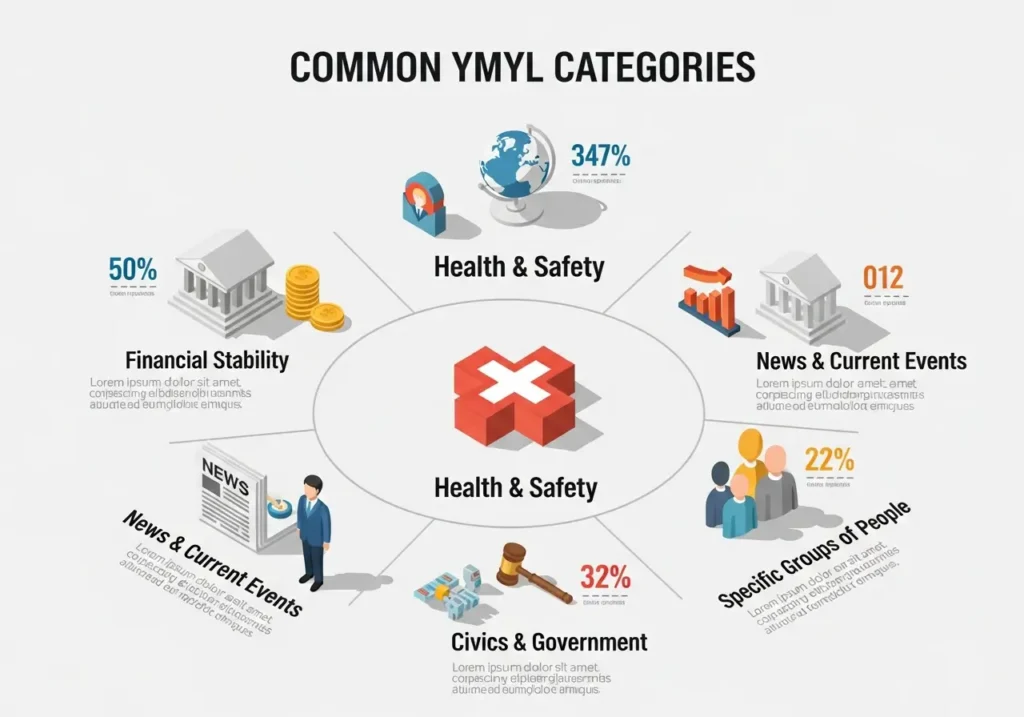 اینفوگرافیک دسته‌بندی‌های اصلی محتوای YMYL (مالی، سلامتی، حقوقی)